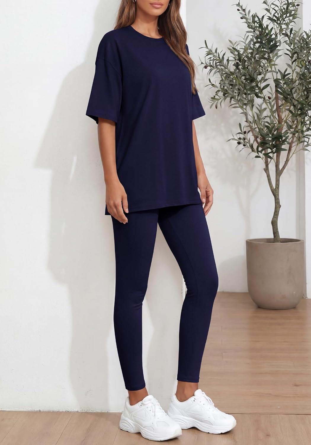 imageBTFBM Two Piece Lounge Set Women 2026 Spring Casual Oversized Shirts Leggings Matching Workout Airport Travel OutfitsNavy Blue