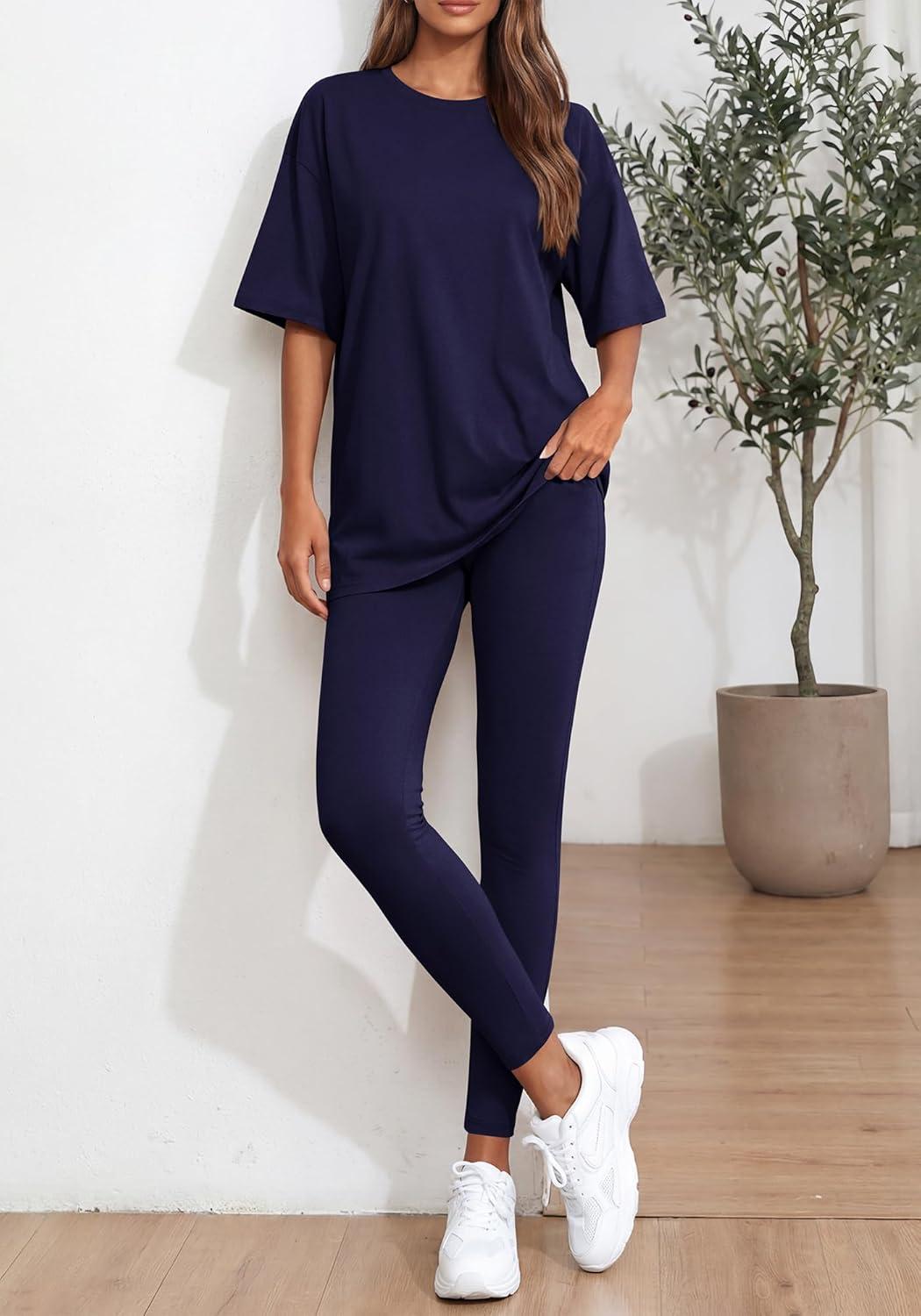 imageBTFBM Two Piece Lounge Set Women 2026 Spring Casual Oversized Shirts Leggings Matching Workout Airport Travel OutfitsNavy Blue