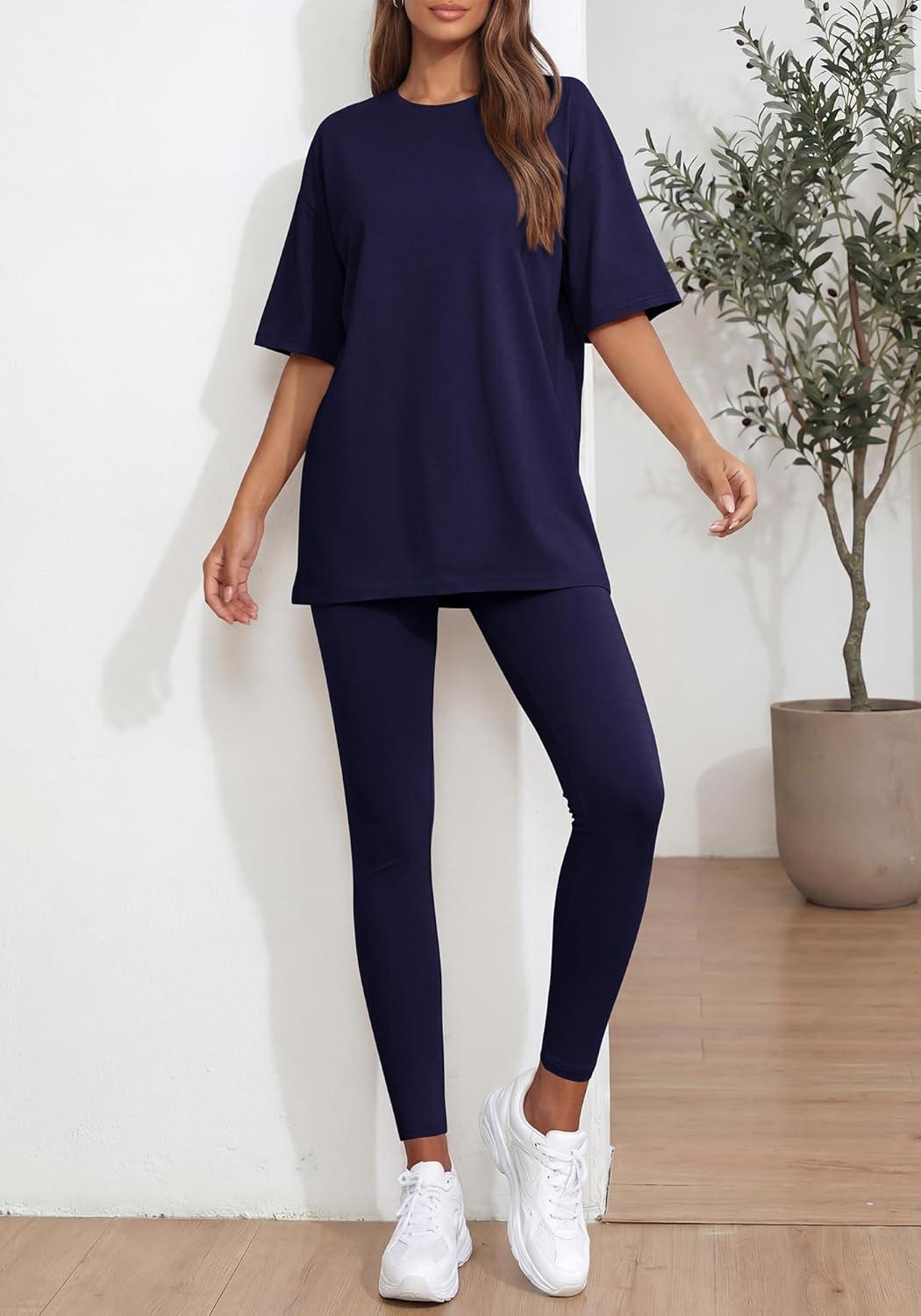 imageBTFBM Two Piece Lounge Set Women 2026 Spring Casual Oversized Shirts Leggings Matching Workout Airport Travel OutfitsNavy Blue