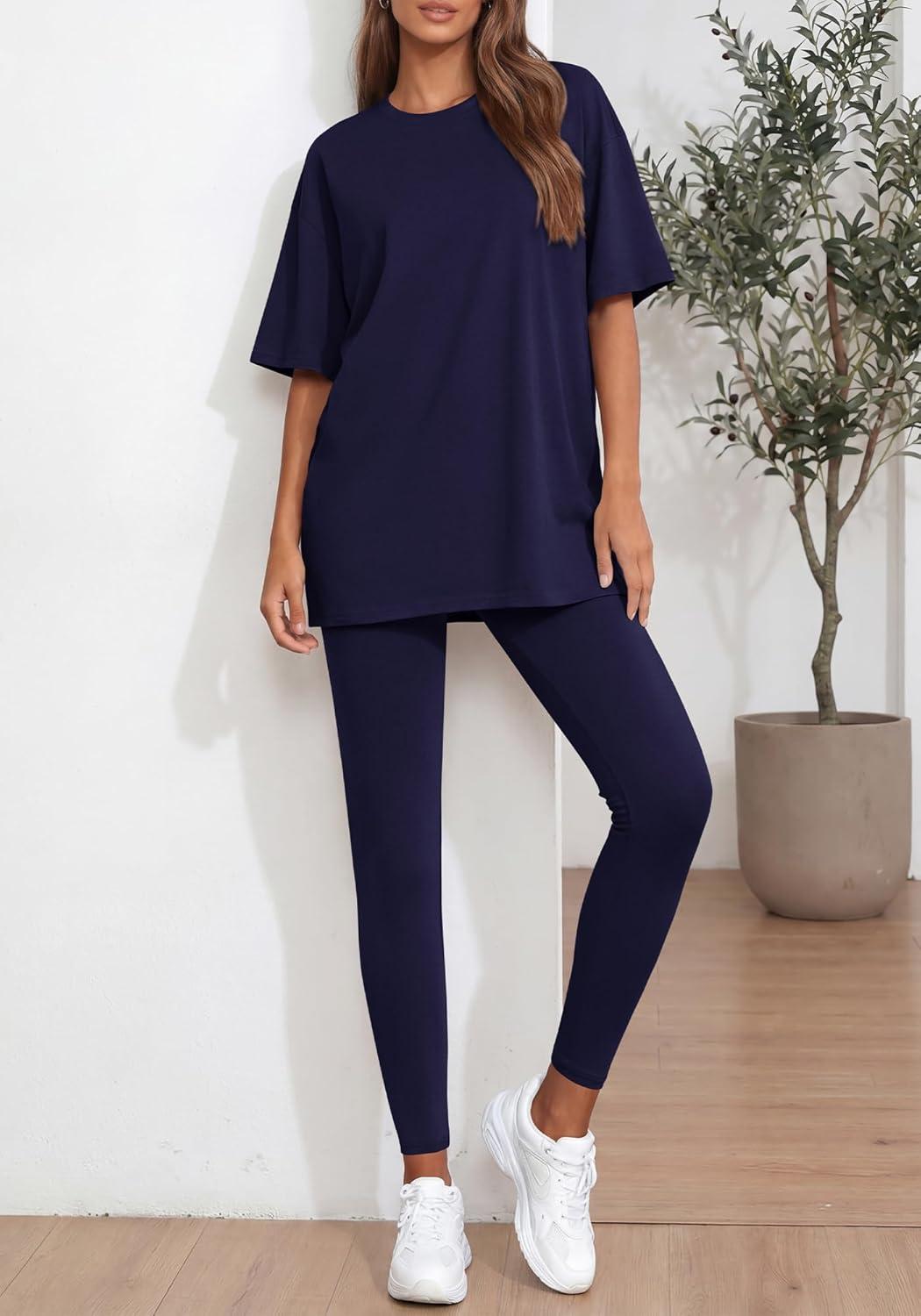 imageBTFBM Two Piece Lounge Set Women 2026 Spring Casual Oversized Shirts Leggings Matching Workout Airport Travel OutfitsNavy Blue