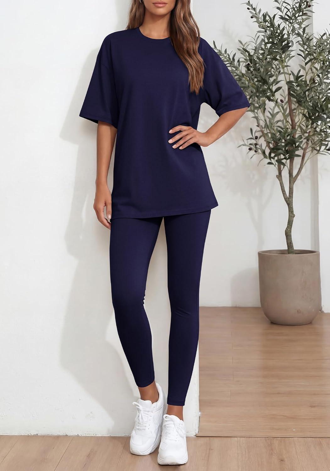 imageBTFBM Two Piece Lounge Set Women 2026 Spring Casual Oversized Shirts Leggings Matching Workout Airport Travel OutfitsNavy Blue