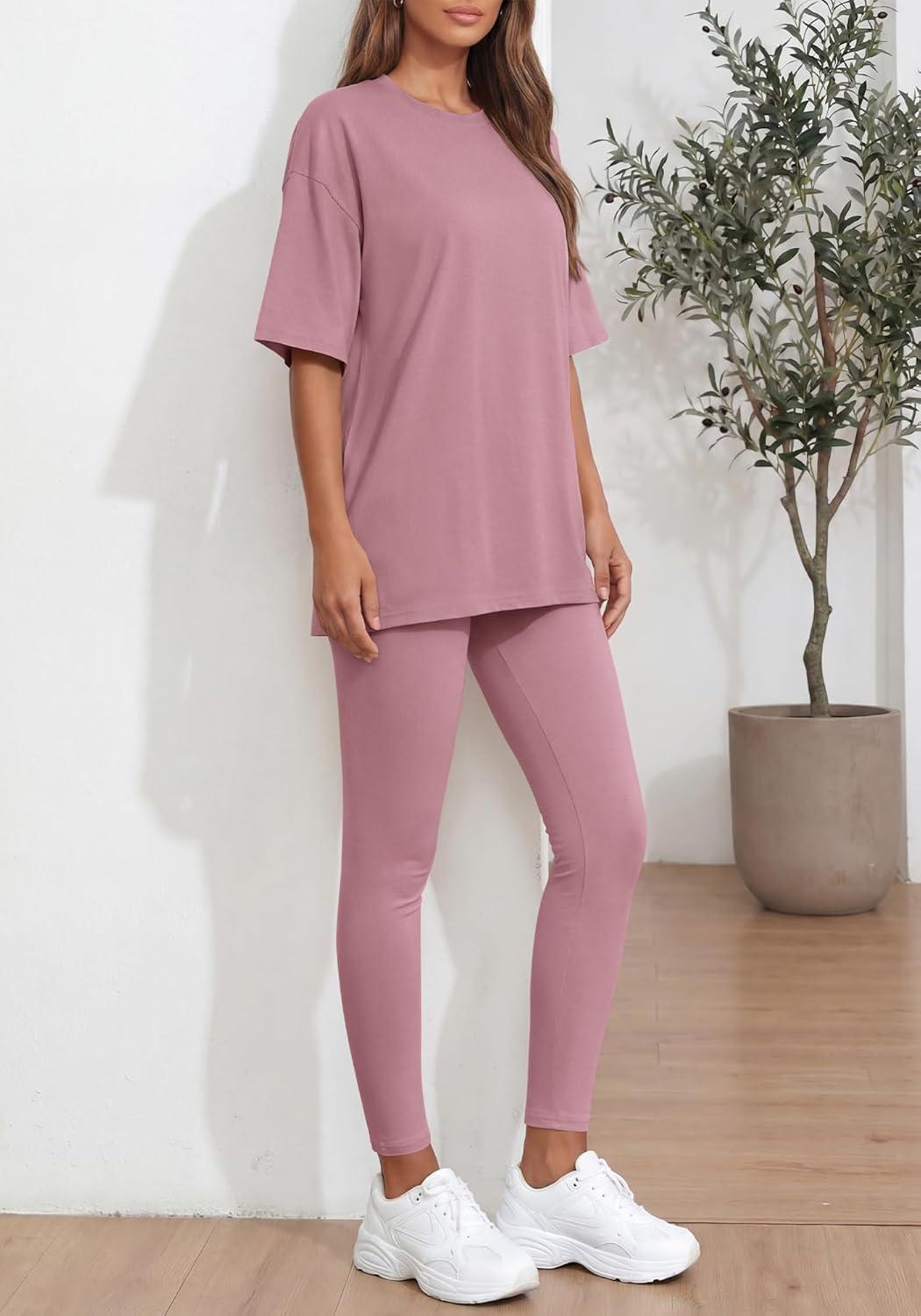 imageBTFBM Two Piece Lounge Set Women 2026 Spring Casual Oversized Shirts Leggings Matching Workout Airport Travel OutfitsPink