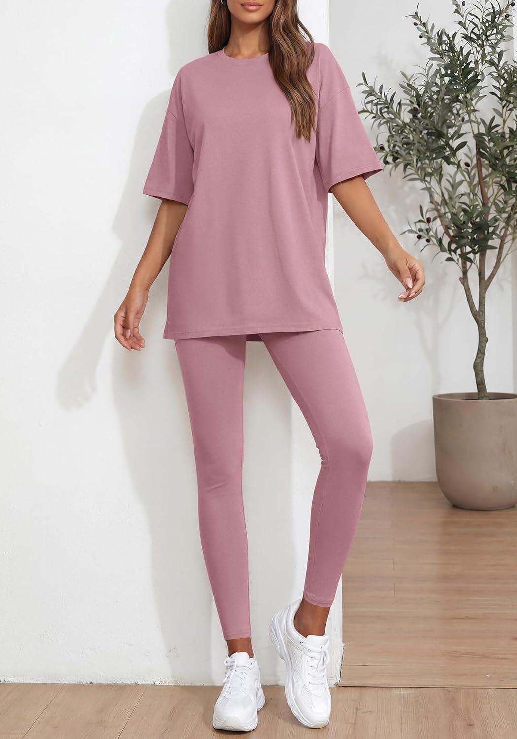 imageBTFBM Two Piece Lounge Set Women 2026 Spring Casual Oversized Shirts Leggings Matching Workout Airport Travel OutfitsPink