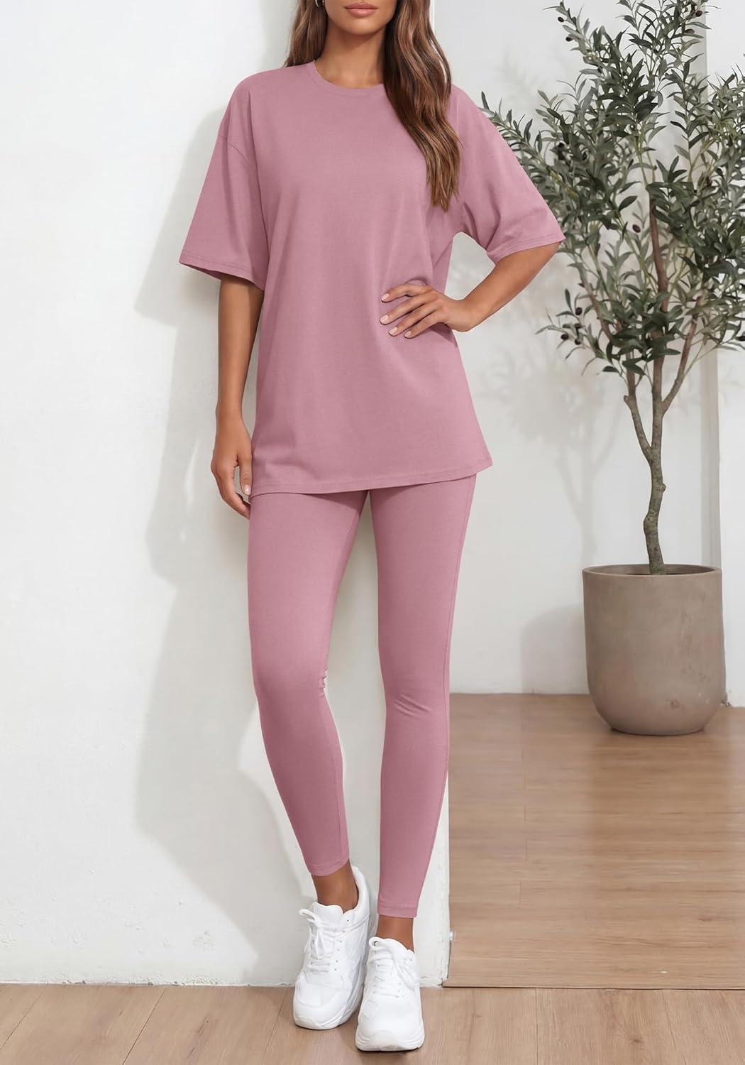 imageBTFBM Two Piece Lounge Set Women 2026 Spring Casual Oversized Shirts Leggings Matching Workout Airport Travel OutfitsPink