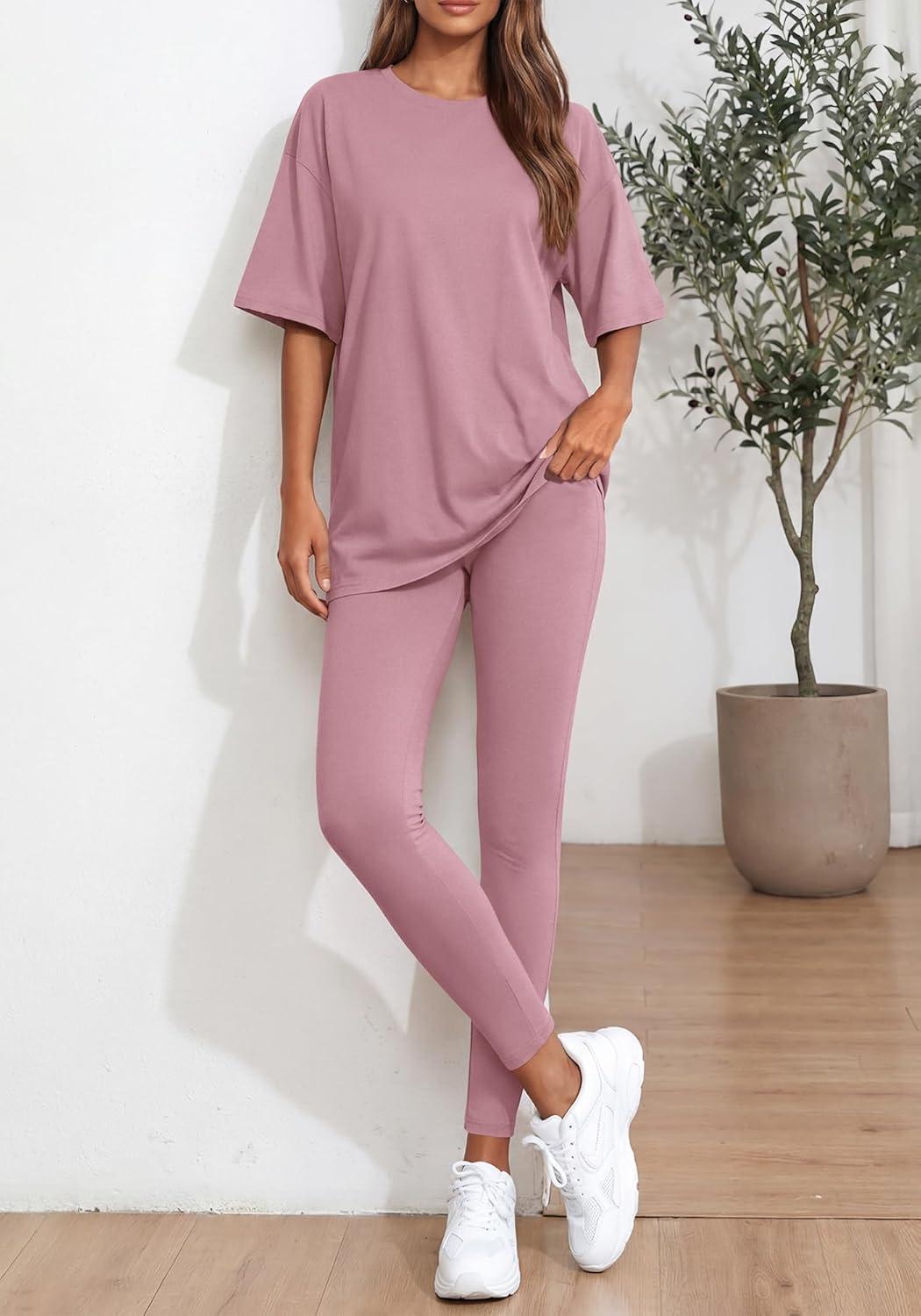 imageBTFBM Two Piece Lounge Set Women 2026 Spring Casual Oversized Shirts Leggings Matching Workout Airport Travel OutfitsPink