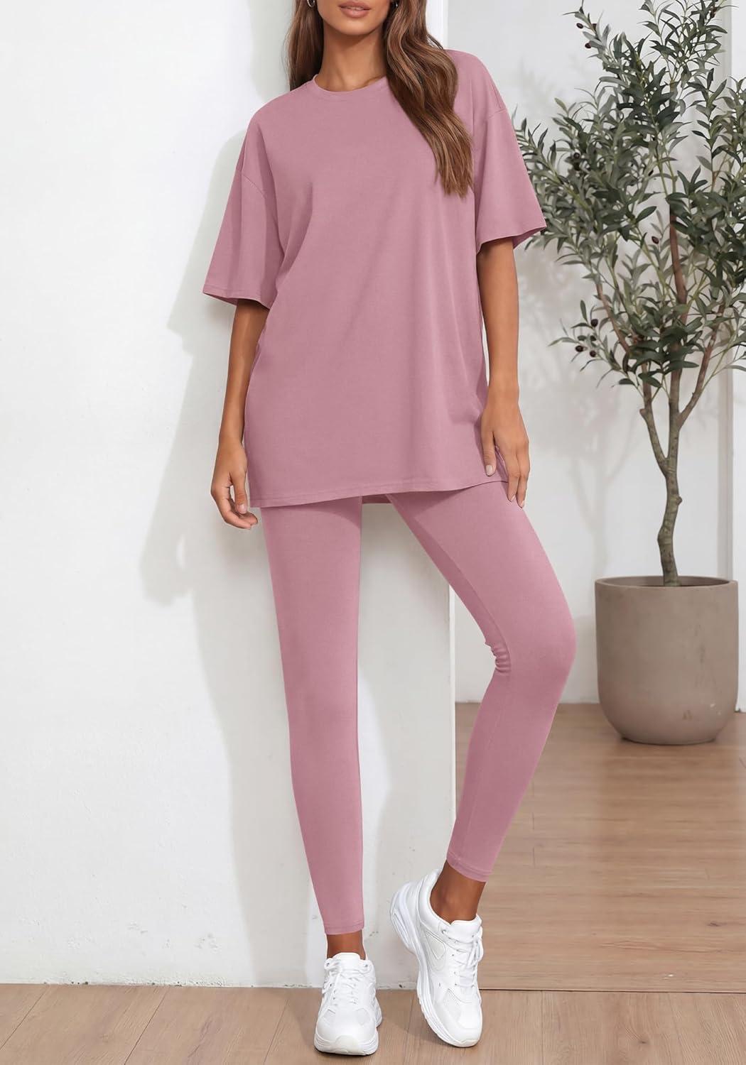imageBTFBM Two Piece Lounge Set Women 2026 Spring Casual Oversized Shirts Leggings Matching Workout Airport Travel OutfitsPink