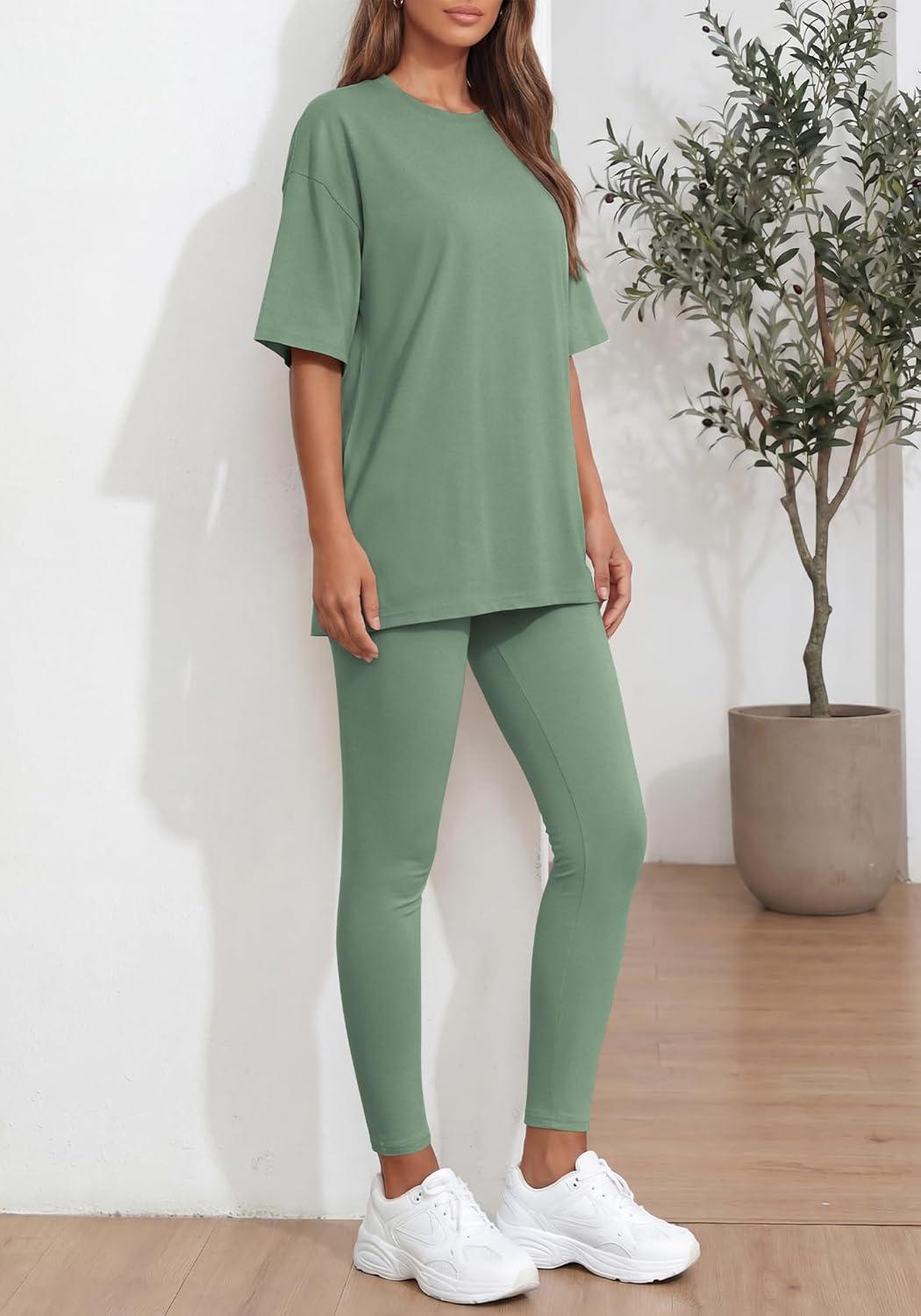 imageBTFBM Two Piece Lounge Set Women 2026 Spring Casual Oversized Shirts Leggings Matching Workout Airport Travel OutfitsSage Green