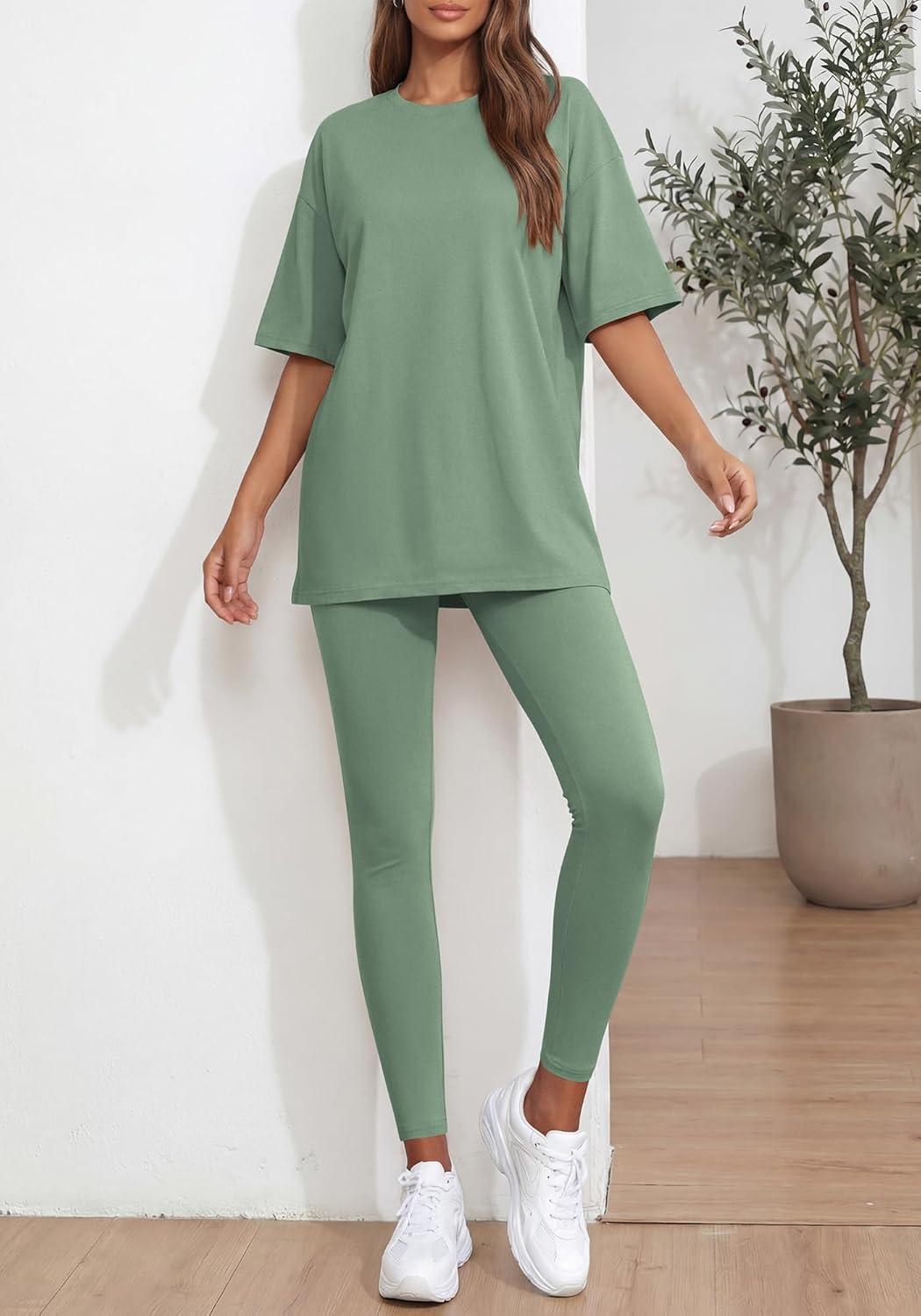 imageBTFBM Two Piece Lounge Set Women 2026 Spring Casual Oversized Shirts Leggings Matching Workout Airport Travel OutfitsSage Green