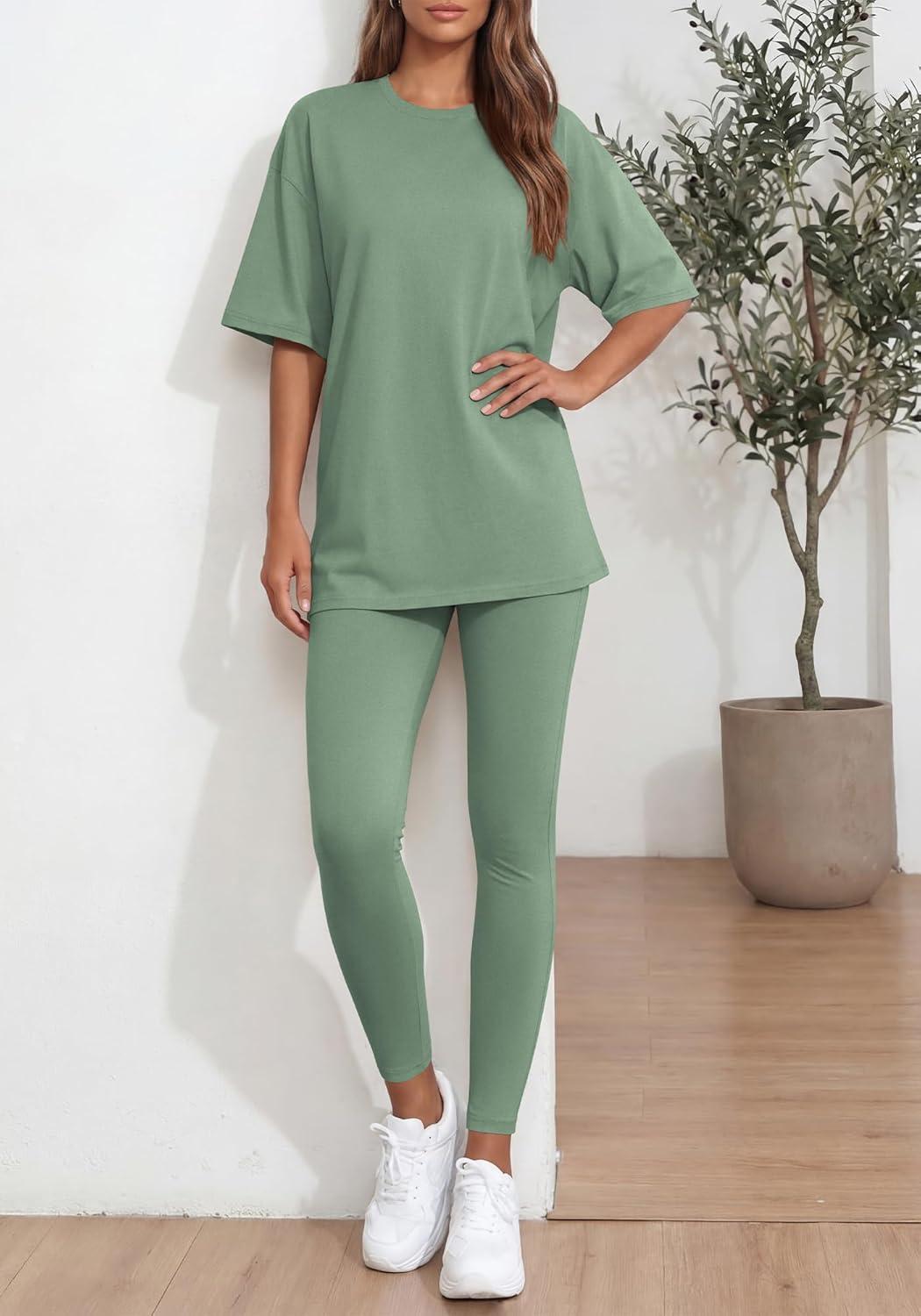 imageBTFBM Two Piece Lounge Set Women 2026 Spring Casual Oversized Shirts Leggings Matching Workout Airport Travel OutfitsSage Green