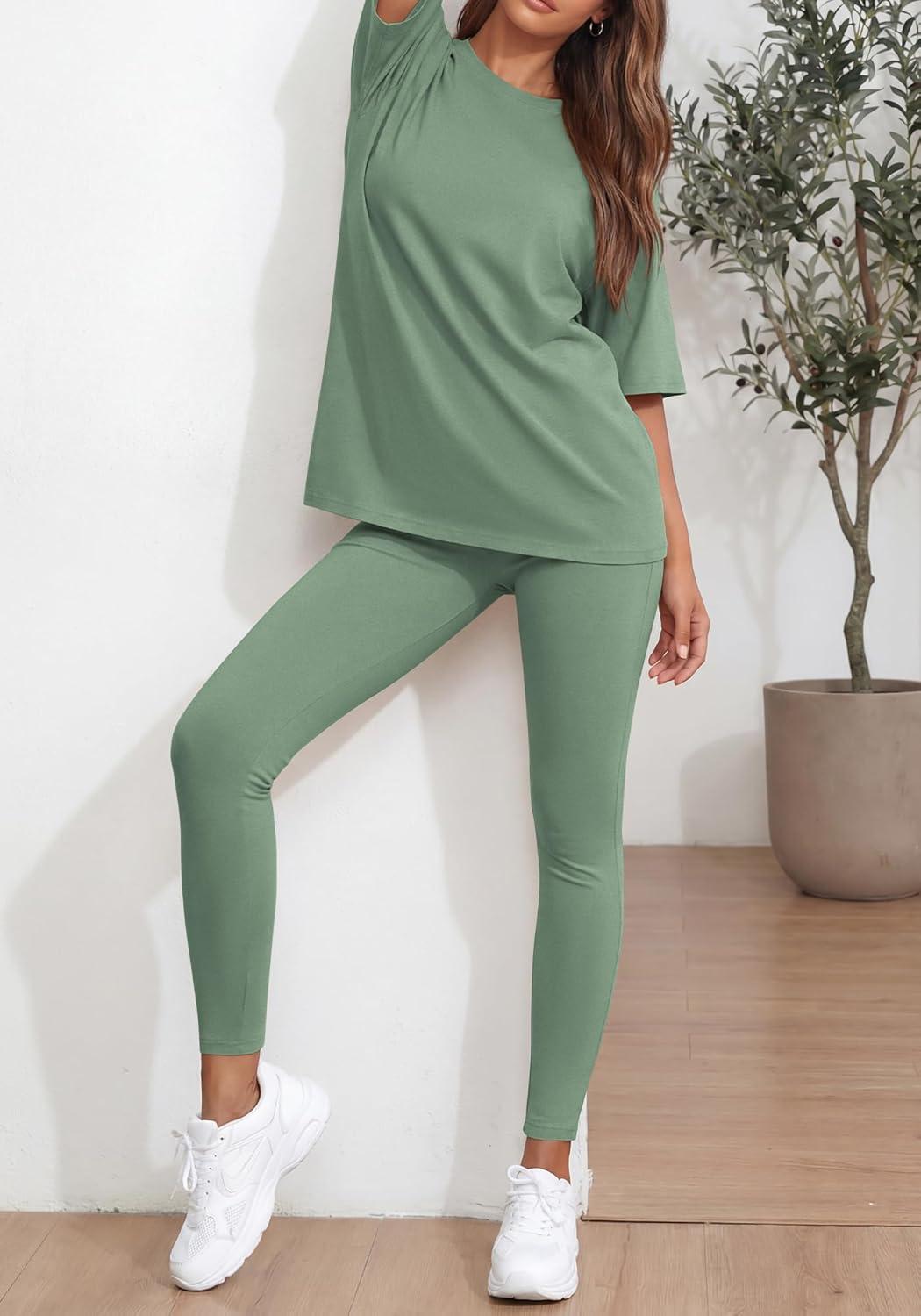 imageBTFBM Two Piece Lounge Set Women 2026 Spring Casual Oversized Shirts Leggings Matching Workout Airport Travel OutfitsSage Green
