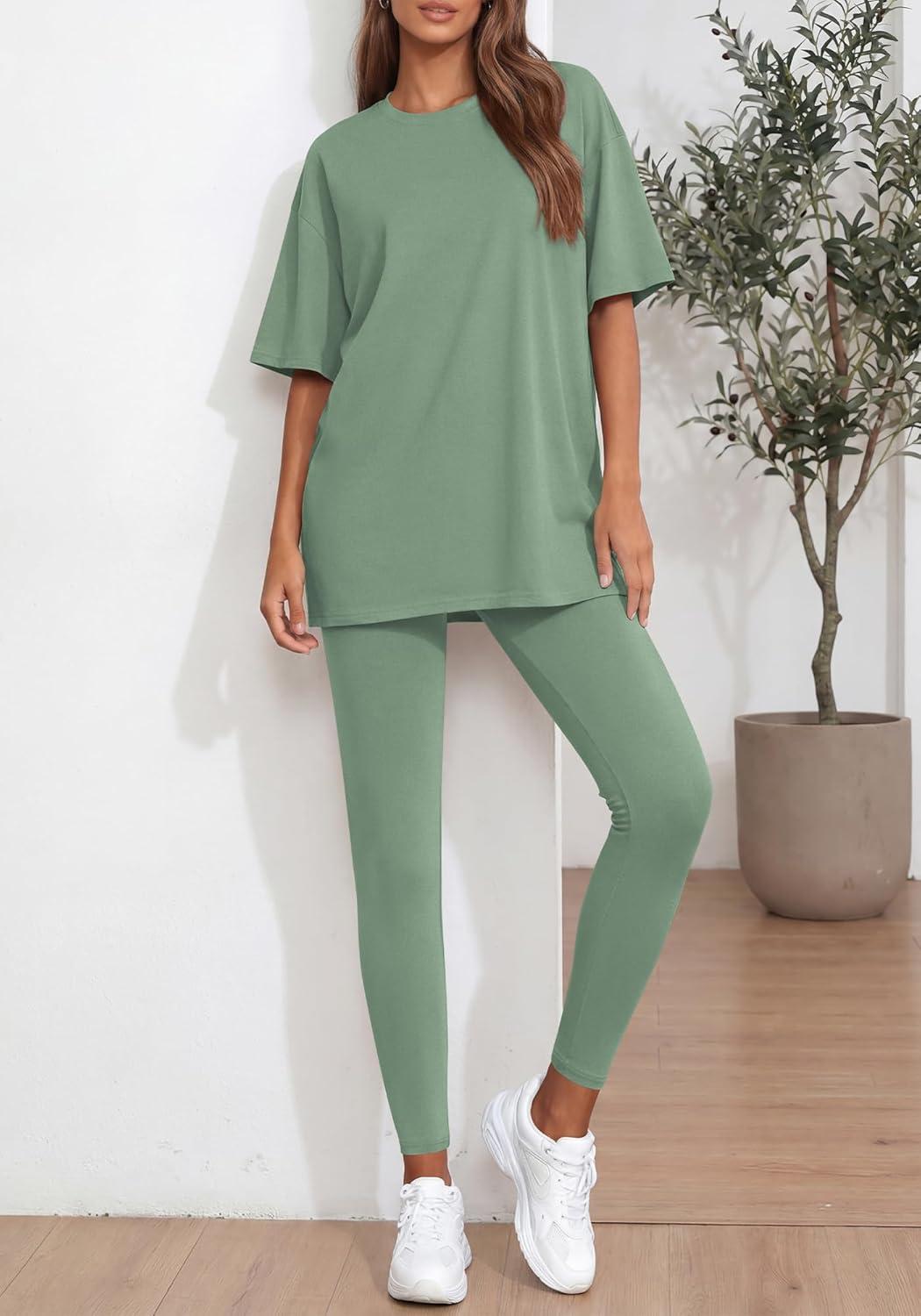 imageBTFBM Two Piece Lounge Set Women 2026 Spring Casual Oversized Shirts Leggings Matching Workout Airport Travel OutfitsSage Green