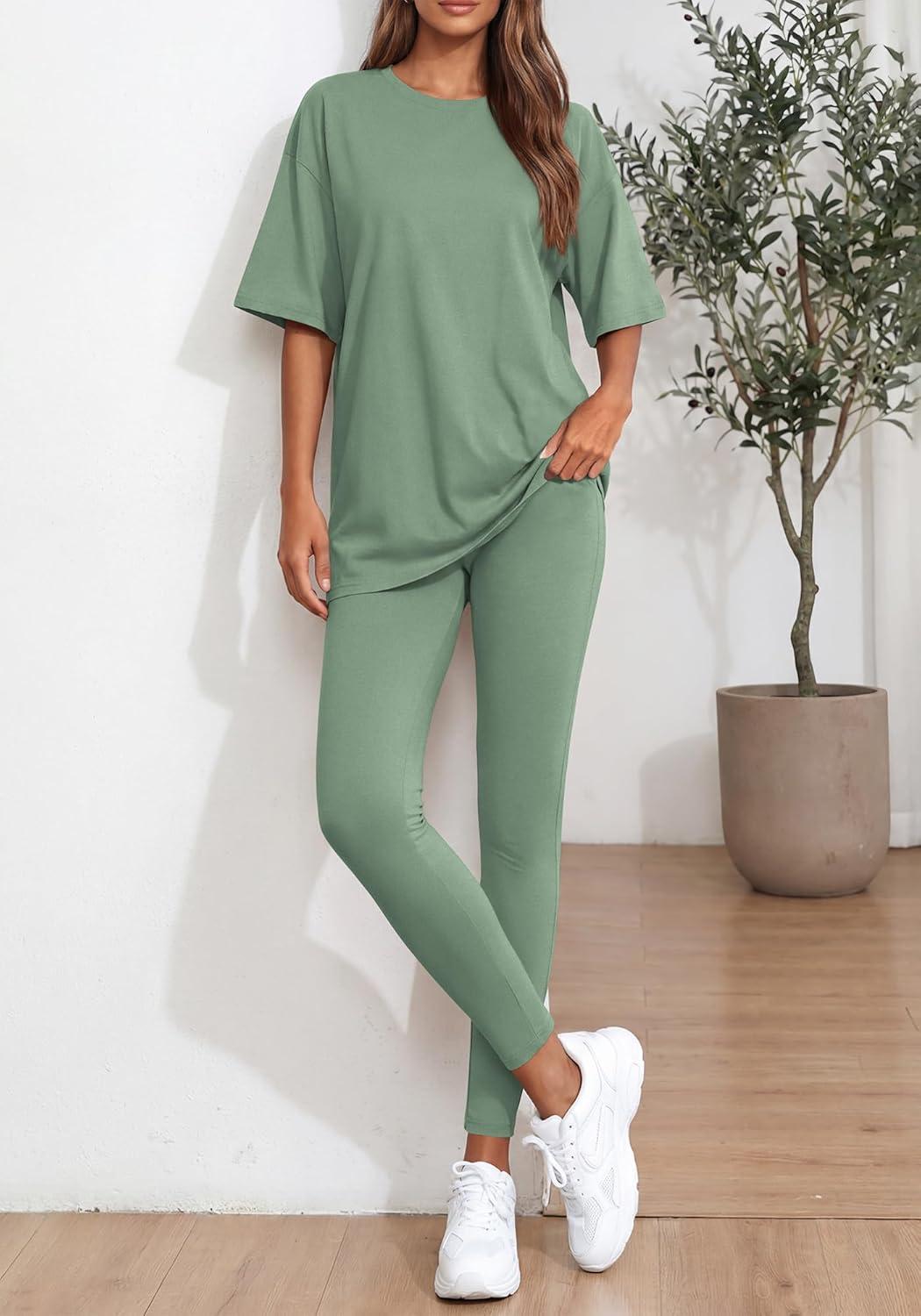 imageBTFBM Two Piece Lounge Set Women 2026 Spring Casual Oversized Shirts Leggings Matching Workout Airport Travel OutfitsSage Green