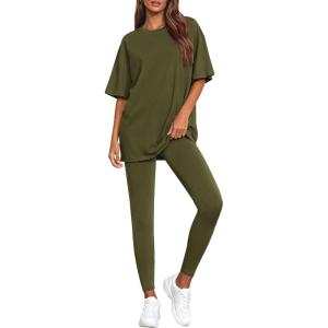 BTFBM Two Piece Lounge Set Women 2026 Spring Casual Oversized Shirts Leggings Matching Workout Airport Travel Outfits(Army Green)