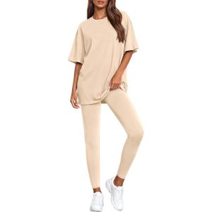 BTFBM Two Piece Lounge Set Women 2026 Spring Casual Oversized Shirts Leggings Matching Workout Airport Travel Outfits(Beige)