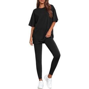 BTFBM Two Piece Lounge Set Women 2026 Spring Casual Oversized Shirts Leggings Matching Workout Airport Travel Outfits(Black)