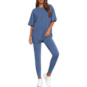 BTFBM Two Piece Lounge Set Women 2026 Spring Casual Oversized Shirts Leggings Matching Workout Airport Travel Outfits(Grey Blue)