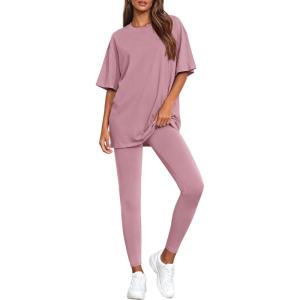 BTFBM Two Piece Lounge Set Women 2026 Spring Casual Oversized Shirts Leggings Matching Workout Airport Travel Outfits(Pink)