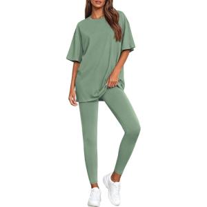 BTFBM Two Piece Lounge Set Women 2026 Spring Casual Oversized Shirts Leggings Matching Workout Airport Travel Outfits(Sage Green)
