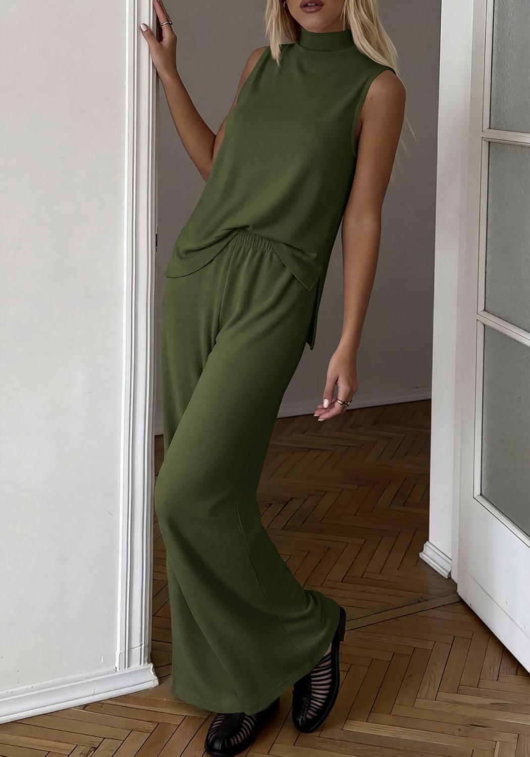 imageBTFBM Summer 2 Piece Lounge Sets For Women Sleeveless Mock Neck Top Wide Leg Pants Airport Travel Beach Vacation OutfitsArmy Green