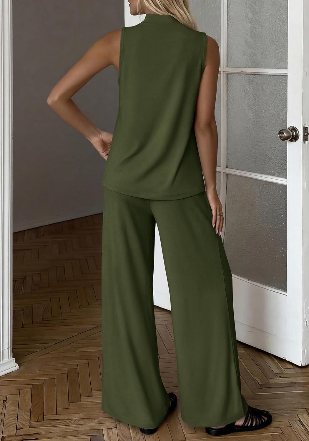 imageBTFBM Summer 2 Piece Lounge Sets For Women Sleeveless Mock Neck Top Wide Leg Pants Airport Travel Beach Vacation OutfitsArmy Green