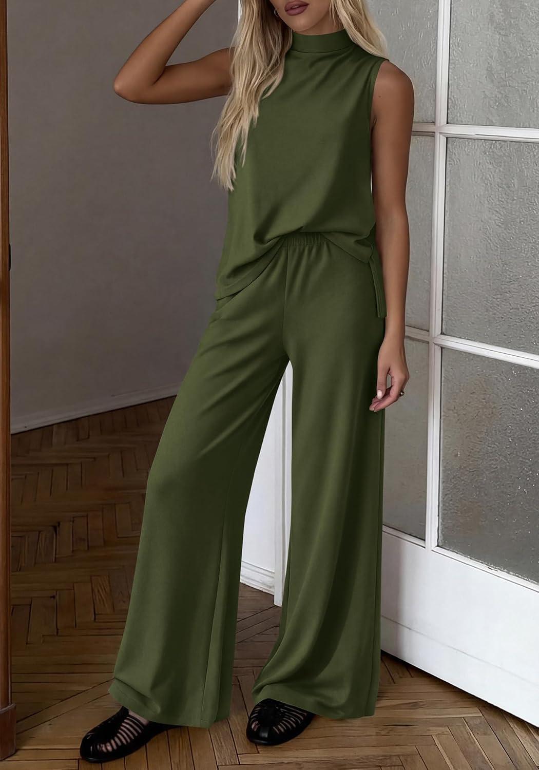 imageBTFBM Summer 2 Piece Lounge Sets For Women Sleeveless Mock Neck Top Wide Leg Pants Airport Travel Beach Vacation OutfitsArmy Green