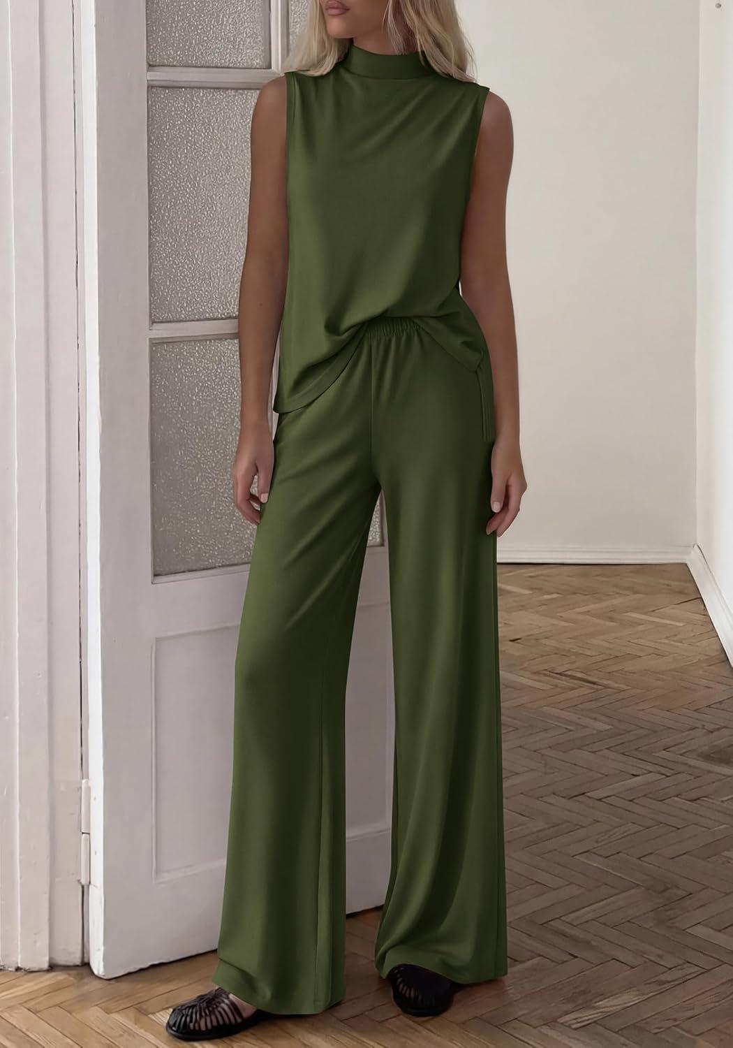 imageBTFBM Summer 2 Piece Lounge Sets For Women Sleeveless Mock Neck Top Wide Leg Pants Airport Travel Beach Vacation OutfitsArmy Green