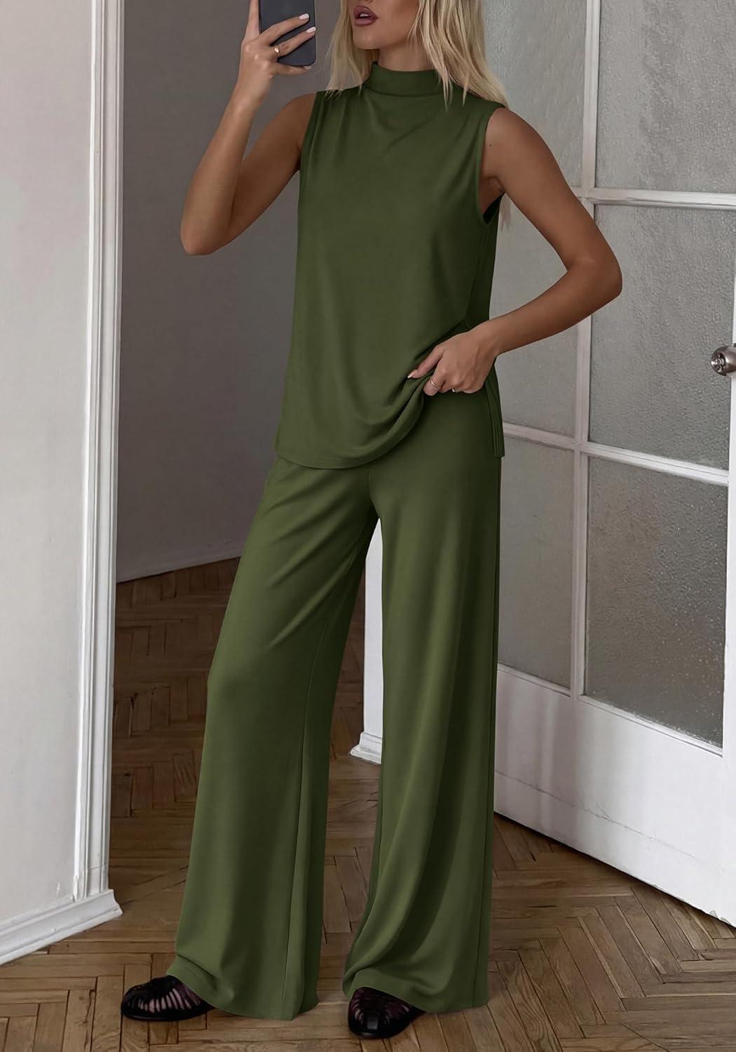 imageBTFBM Summer 2 Piece Lounge Sets For Women Sleeveless Mock Neck Top Wide Leg Pants Airport Travel Beach Vacation OutfitsArmy Green