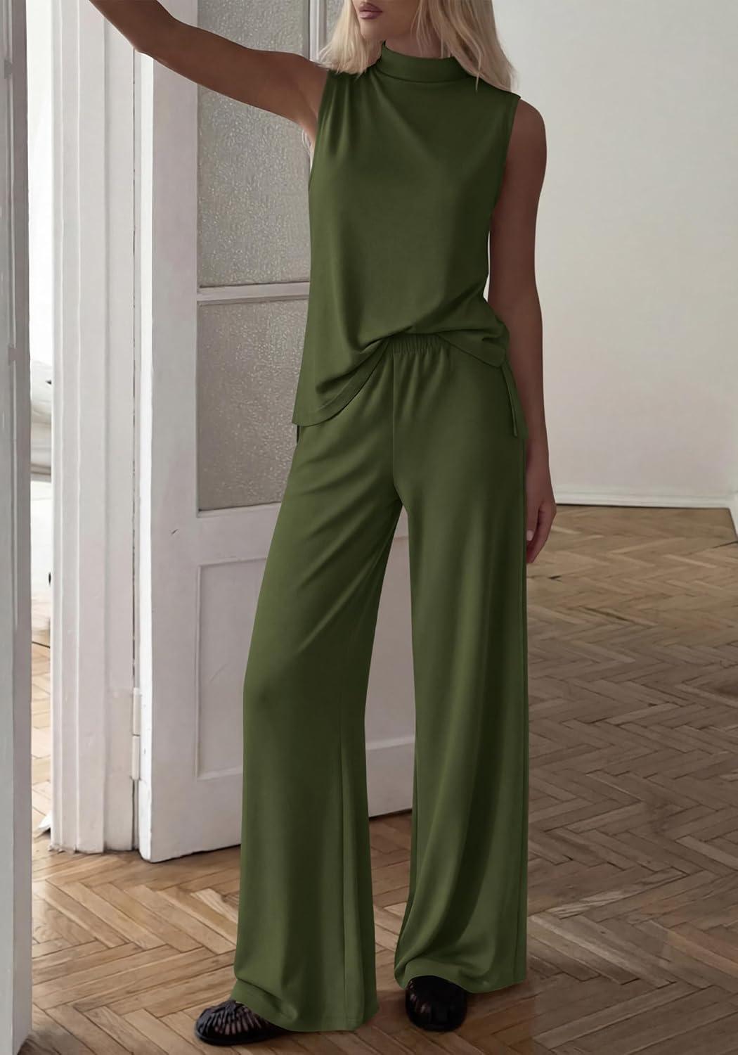 imageBTFBM Summer 2 Piece Lounge Sets For Women Sleeveless Mock Neck Top Wide Leg Pants Airport Travel Beach Vacation OutfitsArmy Green