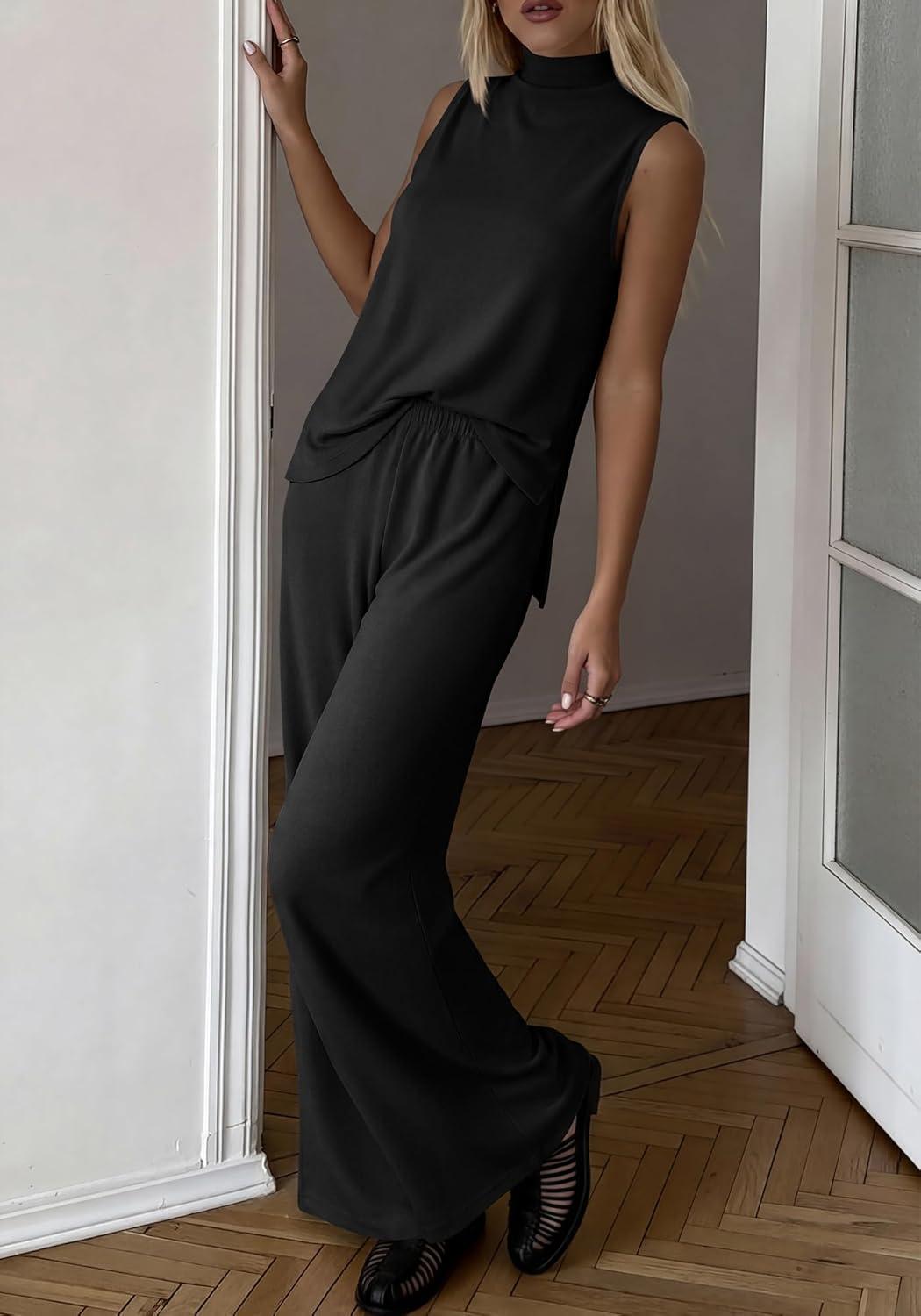 imageBTFBM Summer 2 Piece Lounge Sets For Women Sleeveless Mock Neck Top Wide Leg Pants Airport Travel Beach Vacation OutfitsBlack