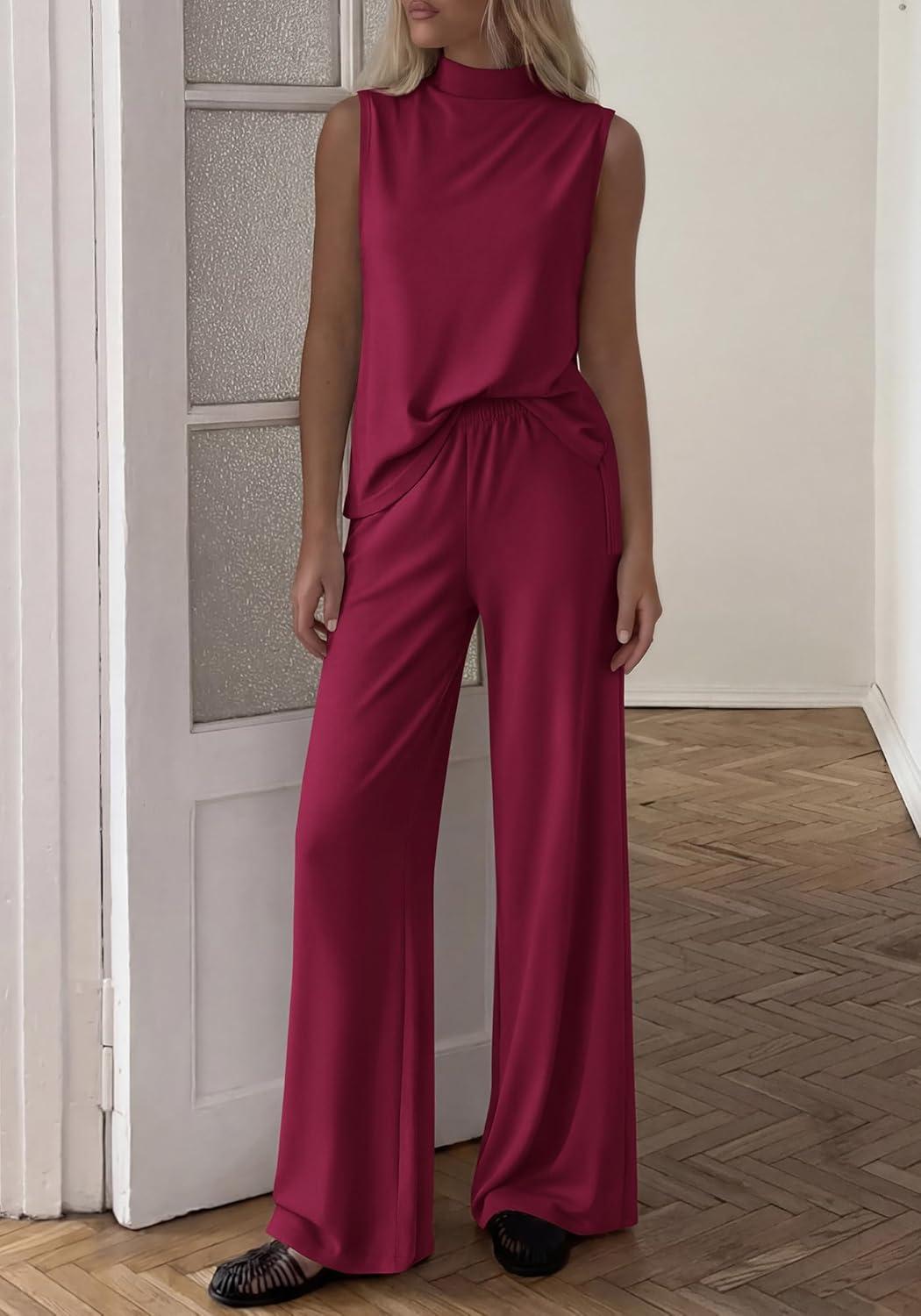 imageBTFBM Summer 2 Piece Lounge Sets For Women Sleeveless Mock Neck Top Wide Leg Pants Airport Travel Beach Vacation OutfitsBurgundy