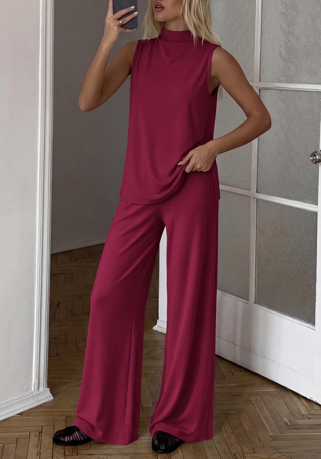 imageBTFBM Summer 2 Piece Lounge Sets For Women Sleeveless Mock Neck Top Wide Leg Pants Airport Travel Beach Vacation OutfitsBurgundy