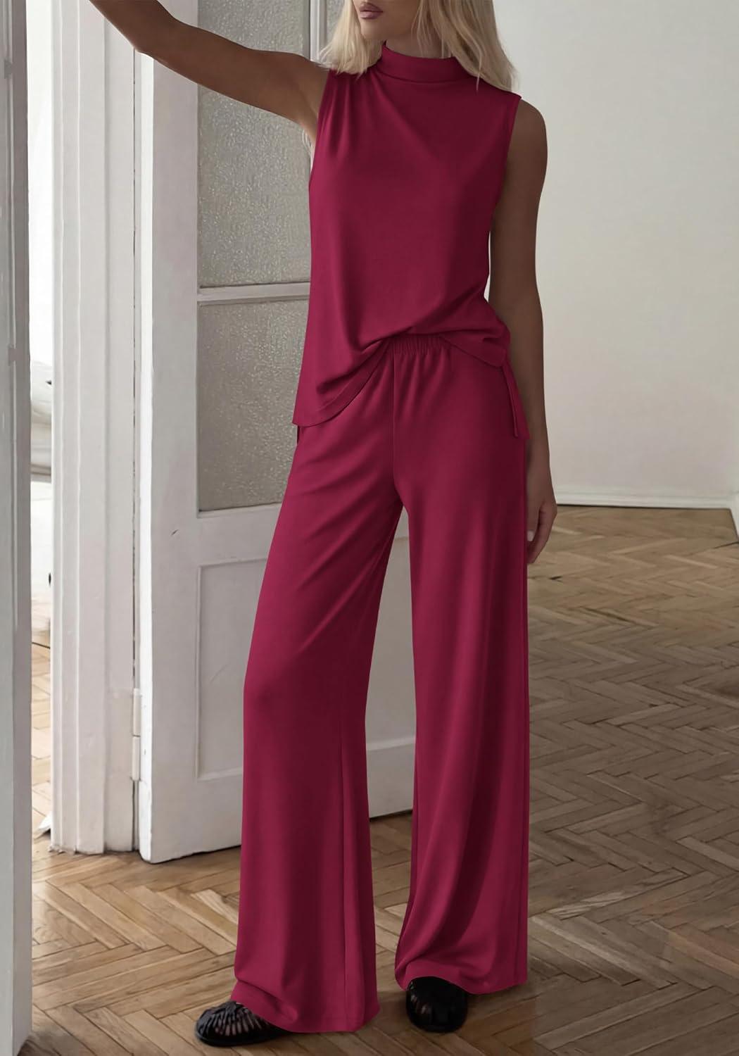 imageBTFBM Summer 2 Piece Lounge Sets For Women Sleeveless Mock Neck Top Wide Leg Pants Airport Travel Beach Vacation OutfitsBurgundy