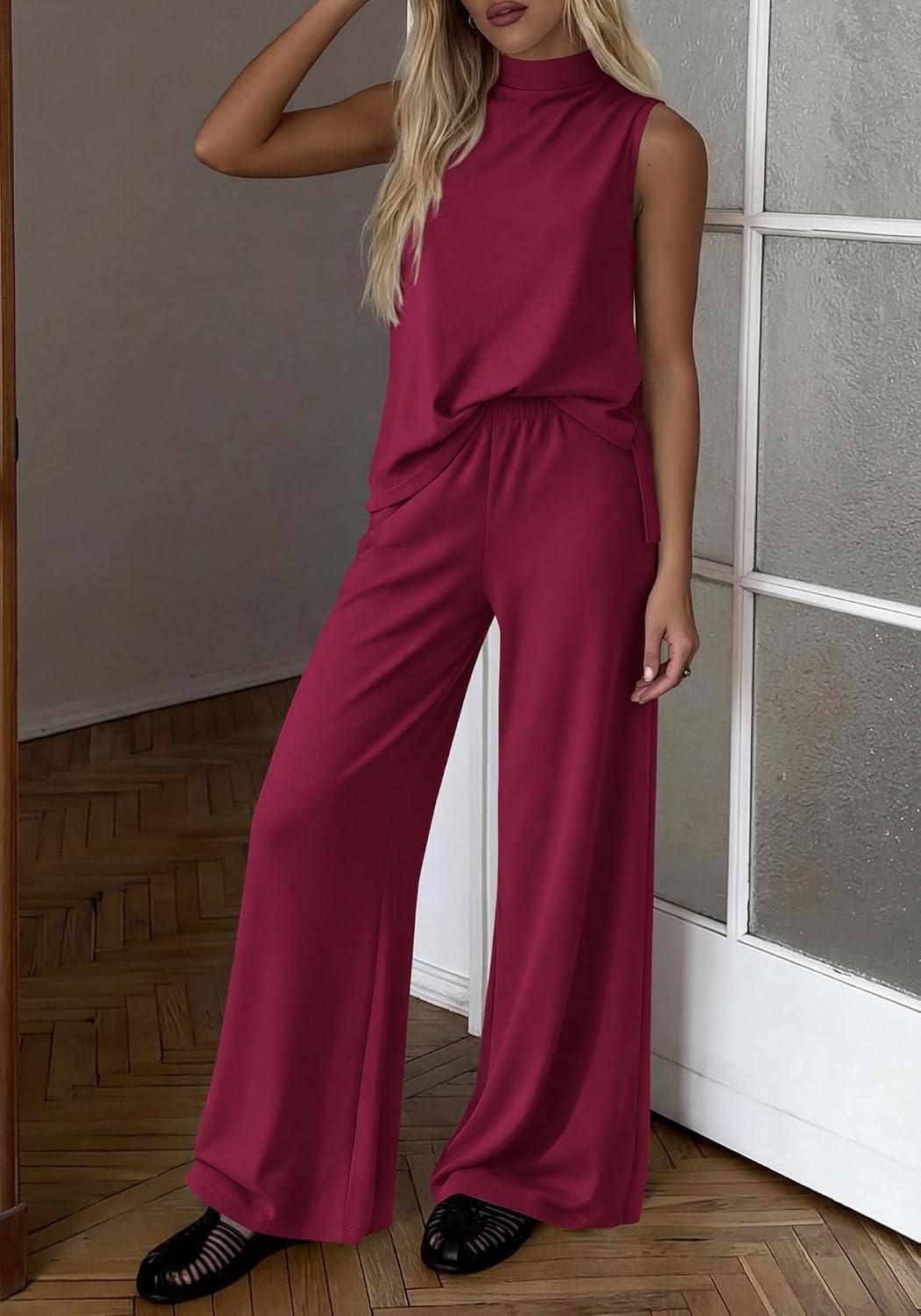 imageBTFBM Summer 2 Piece Lounge Sets For Women Sleeveless Mock Neck Top Wide Leg Pants Airport Travel Beach Vacation OutfitsBurgundy