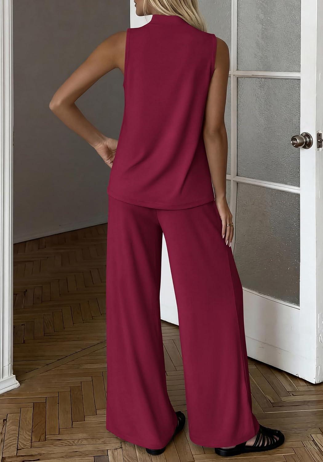 imageBTFBM Summer 2 Piece Lounge Sets For Women Sleeveless Mock Neck Top Wide Leg Pants Airport Travel Beach Vacation OutfitsBurgundy