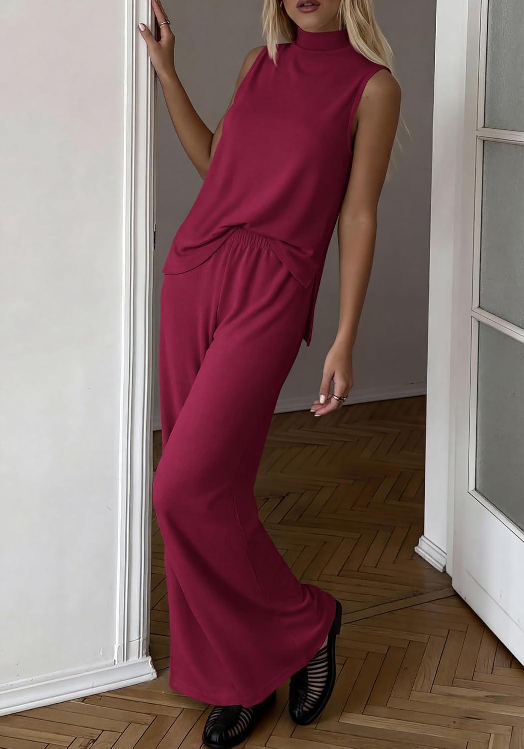 imageBTFBM Summer 2 Piece Lounge Sets For Women Sleeveless Mock Neck Top Wide Leg Pants Airport Travel Beach Vacation OutfitsBurgundy