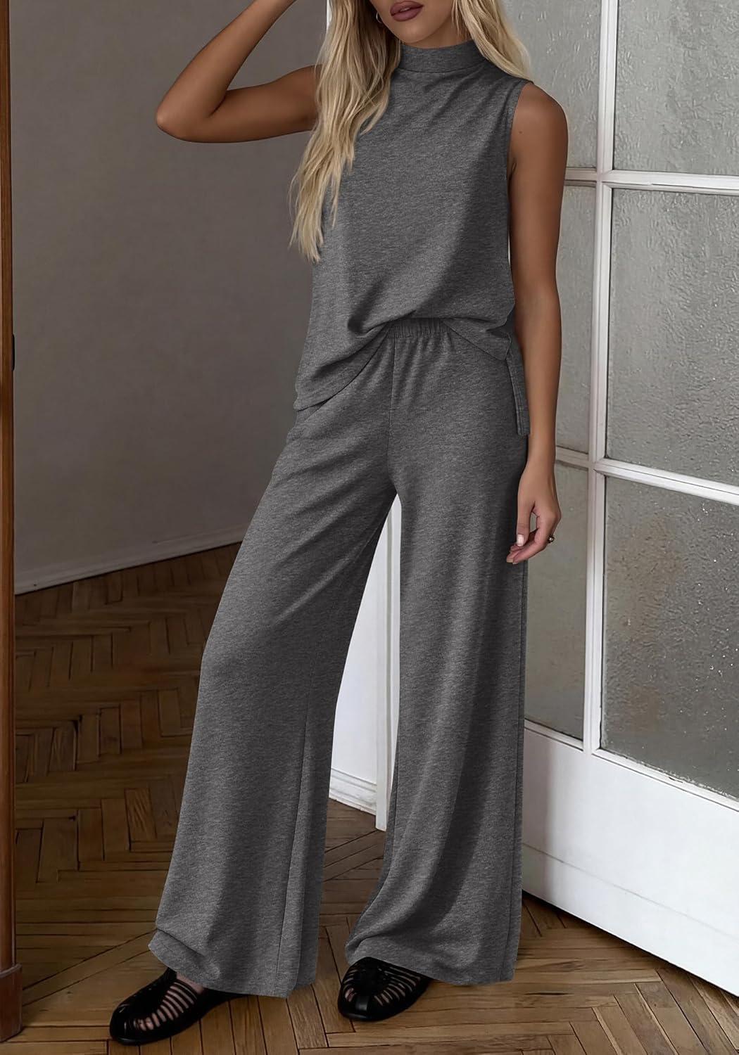 imageBTFBM Summer 2 Piece Lounge Sets For Women Sleeveless Mock Neck Top Wide Leg Pants Airport Travel Beach Vacation OutfitsDark Grey