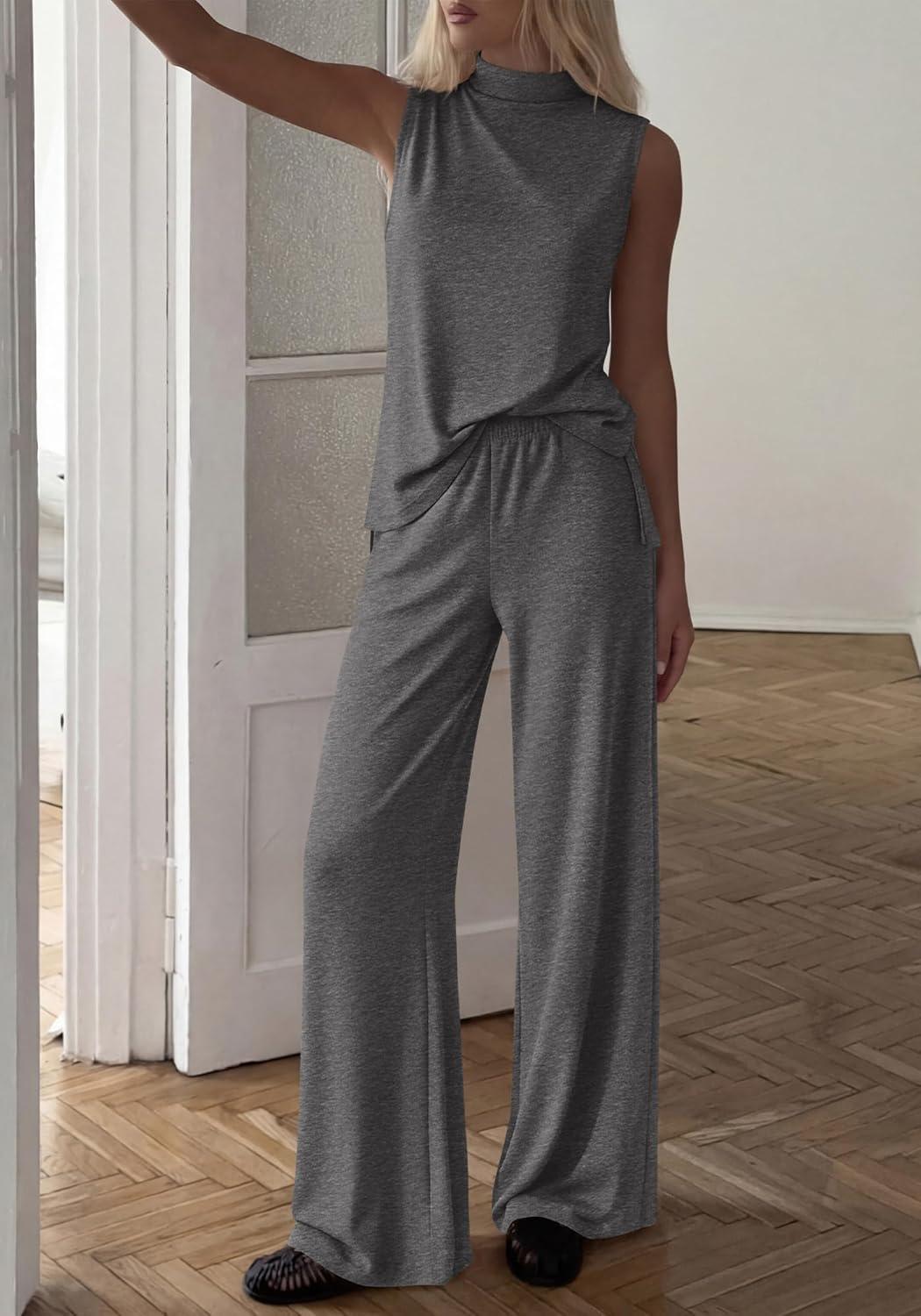 imageBTFBM Summer 2 Piece Lounge Sets For Women Sleeveless Mock Neck Top Wide Leg Pants Airport Travel Beach Vacation OutfitsDark Grey