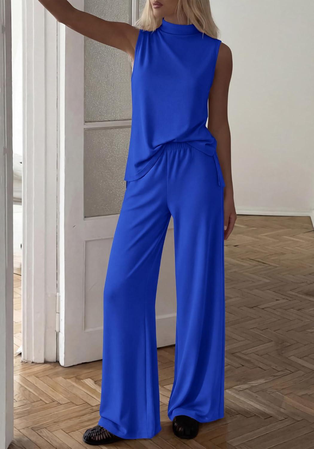 imageBTFBM Summer 2 Piece Lounge Sets For Women Sleeveless Mock Neck Top Wide Leg Pants Airport Travel Beach Vacation OutfitsRoyal Blue