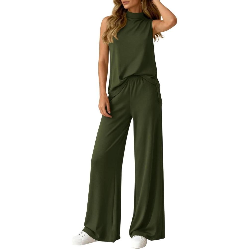 imageBTFBM Summer 2 Piece Lounge Sets For Women Sleeveless Mock Neck Top Wide Leg Pants Airport Travel Beach Vacation OutfitsArmy Green
