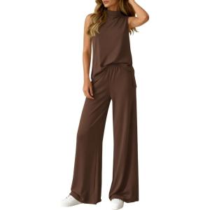 BTFBM Summer 2 Piece Lounge Sets For Women Sleeveless Mock Neck Top Wide Leg Pants Airport Travel Beach Vacation Outfits(Brown)