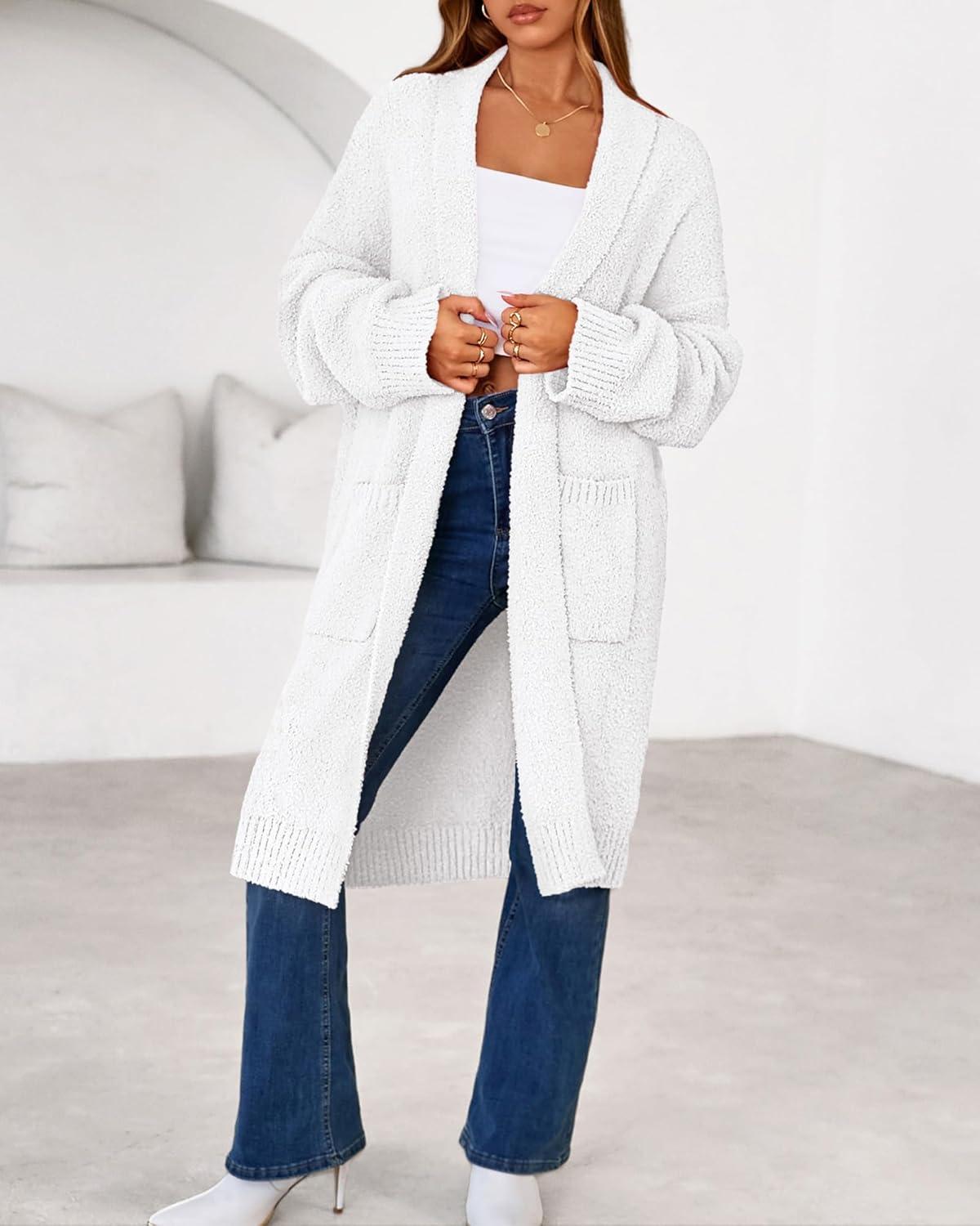 imageBTFBM Long Cardigans for Women Trendy Fall 2025 Open Front Long Sleeve Oversized Sweaters Casual Knit Winter CoatsWhite