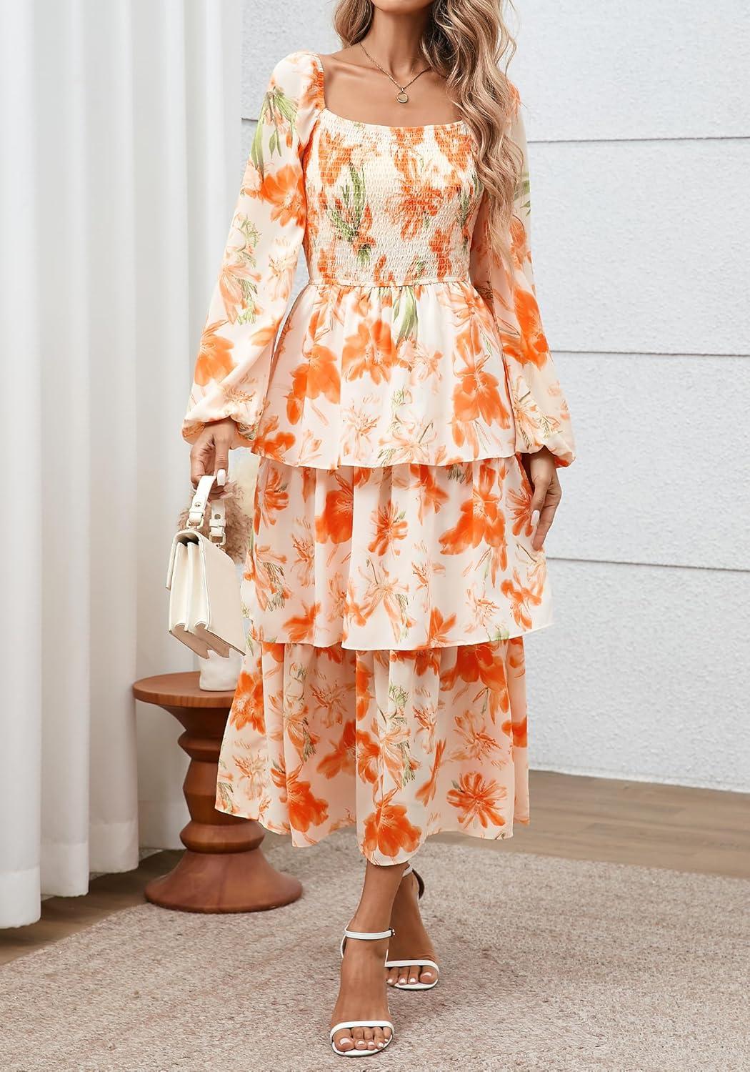 imageBTFBM Spring Dresses for Women 2026 Floral Long Sleeve Smocked Square Neck Ruffle Tiered Flowy Party Wedding Guest DressFloral Apricot Orange