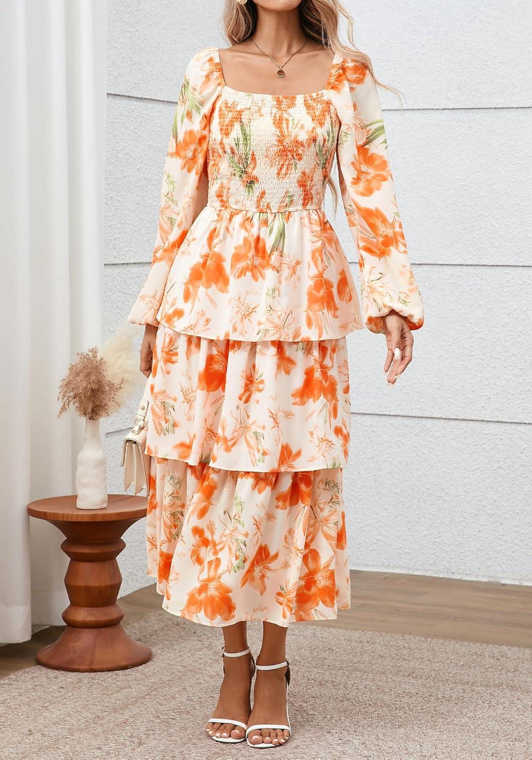 imageBTFBM Spring Dresses for Women 2026 Floral Long Sleeve Smocked Square Neck Ruffle Tiered Flowy Party Wedding Guest DressFloral Apricot Orange