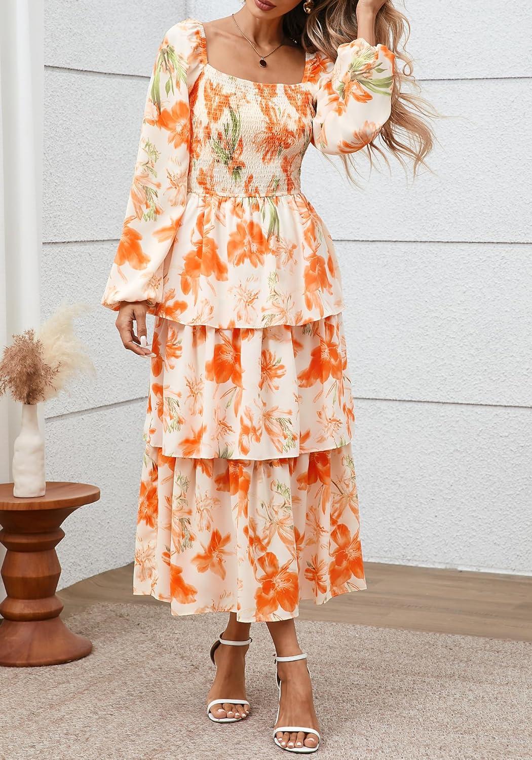 imageBTFBM Spring Dresses for Women 2026 Floral Long Sleeve Smocked Square Neck Ruffle Tiered Flowy Party Wedding Guest DressFloral Apricot Orange