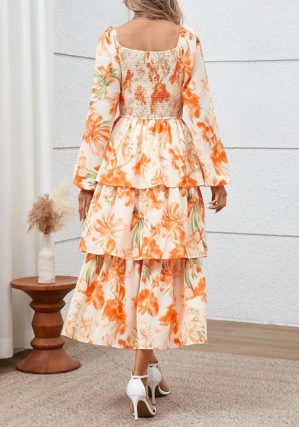 imageBTFBM Spring Dresses for Women 2026 Floral Long Sleeve Smocked Square Neck Ruffle Tiered Flowy Party Wedding Guest DressFloral Apricot Orange