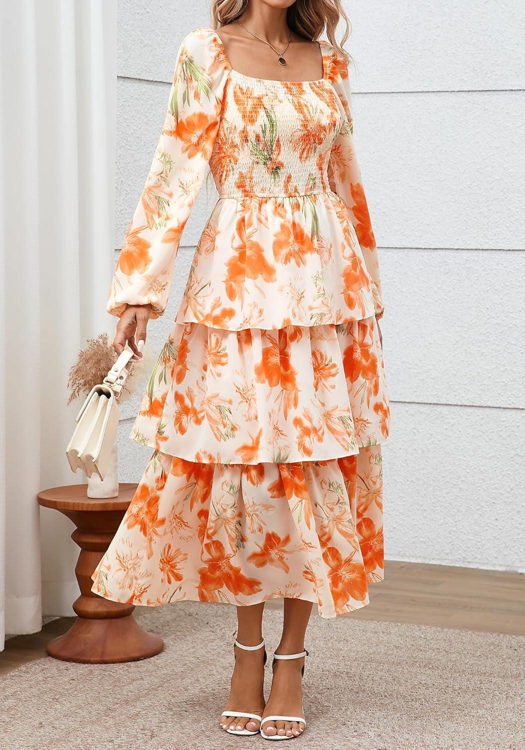 imageBTFBM Spring Dresses for Women 2026 Floral Long Sleeve Smocked Square Neck Ruffle Tiered Flowy Party Wedding Guest DressFloral Apricot Orange
