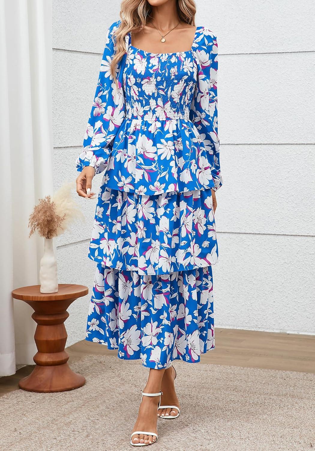 imageBTFBM Spring Dresses for Women 2026 Floral Long Sleeve Smocked Square Neck Ruffle Tiered Flowy Party Wedding Guest DressFloral Blue White