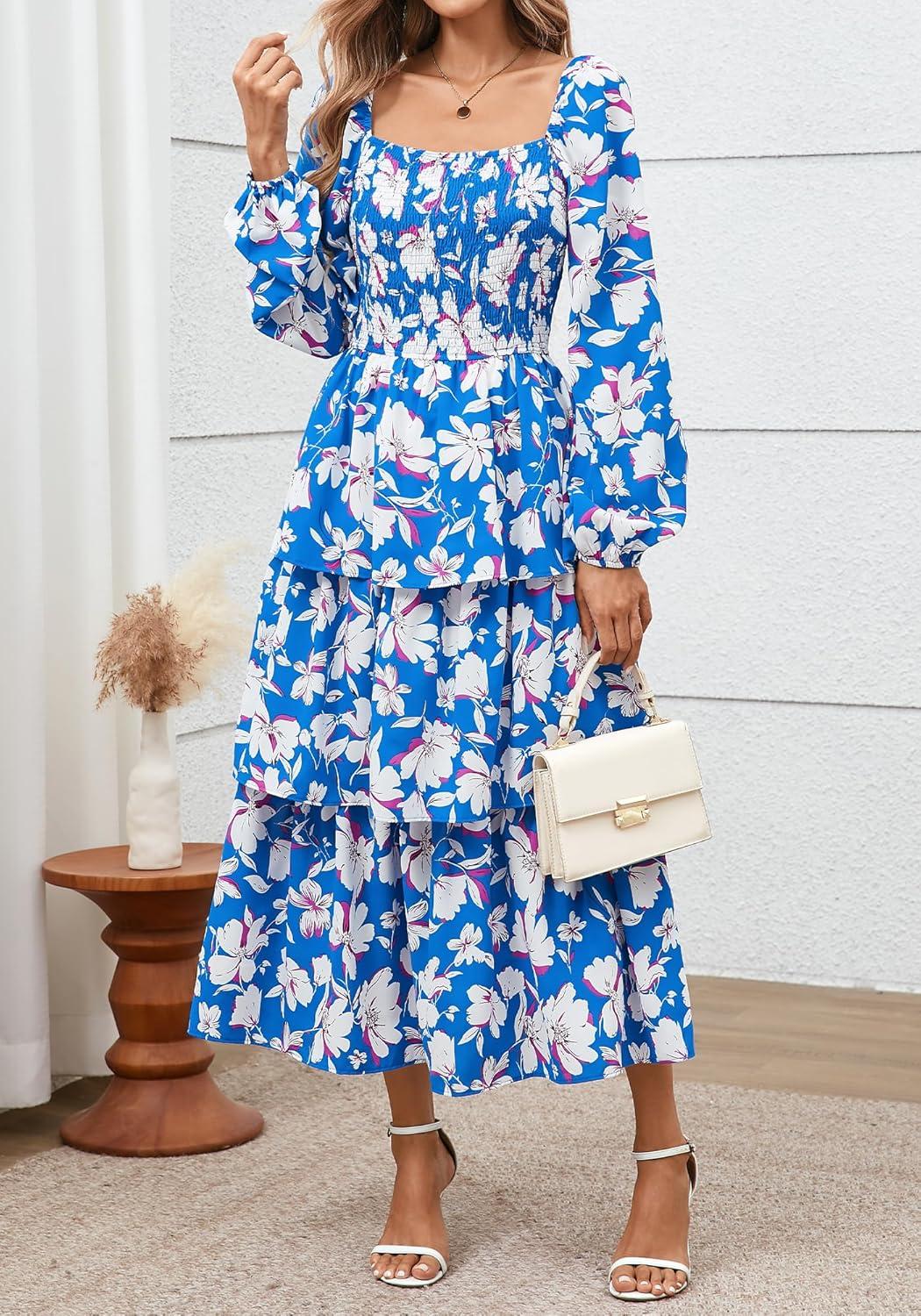 imageBTFBM Spring Dresses for Women 2026 Floral Long Sleeve Smocked Square Neck Ruffle Tiered Flowy Party Wedding Guest DressFloral Blue White