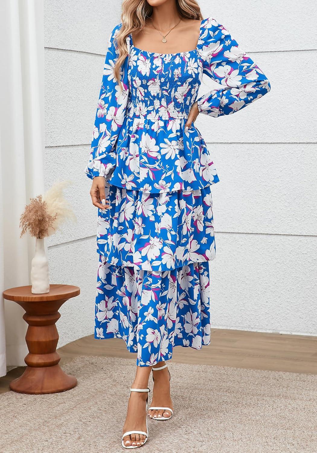 imageBTFBM Spring Dresses for Women 2026 Floral Long Sleeve Smocked Square Neck Ruffle Tiered Flowy Party Wedding Guest DressFloral Blue White