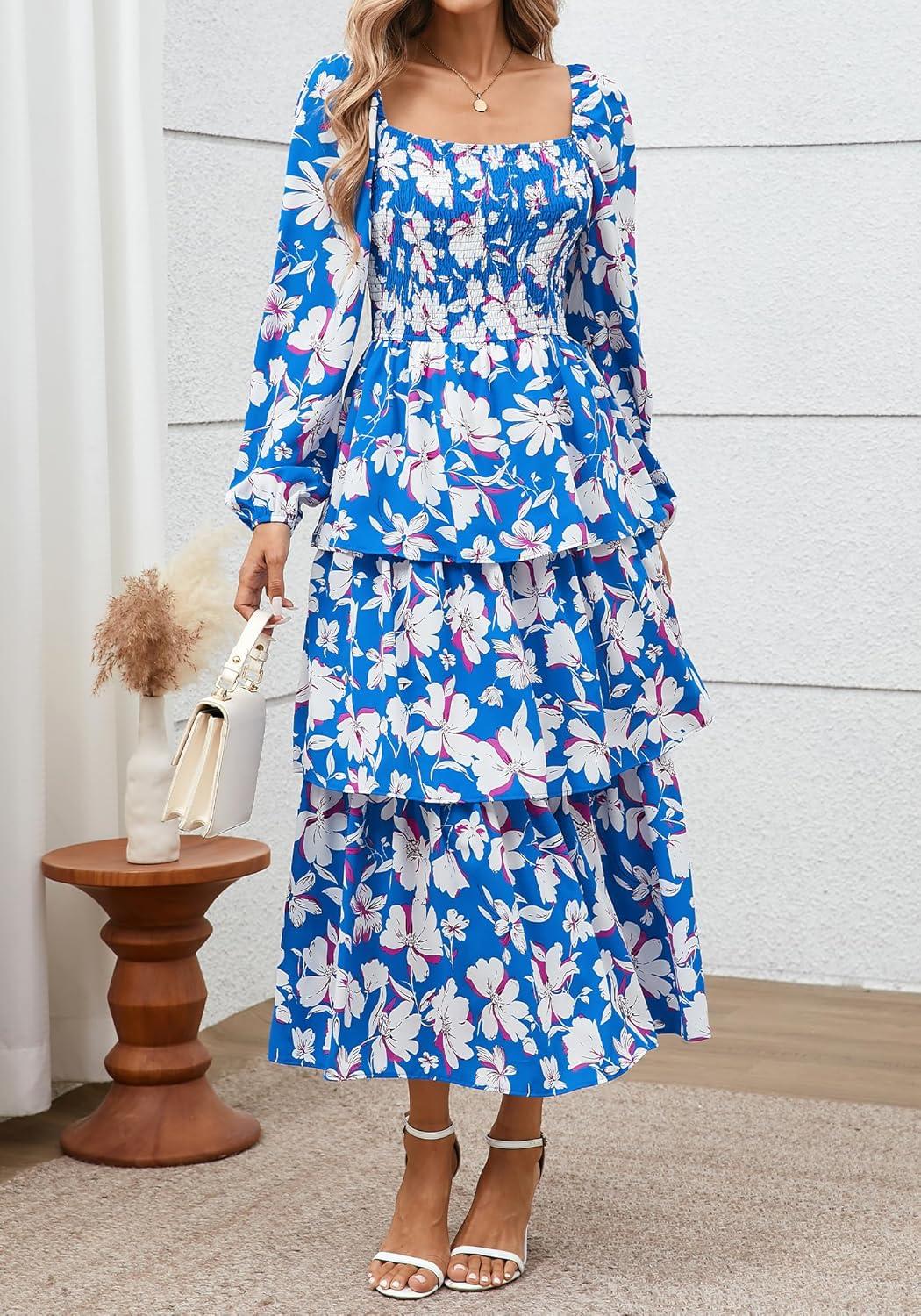 imageBTFBM Spring Dresses for Women 2026 Floral Long Sleeve Smocked Square Neck Ruffle Tiered Flowy Party Wedding Guest DressFloral Blue White